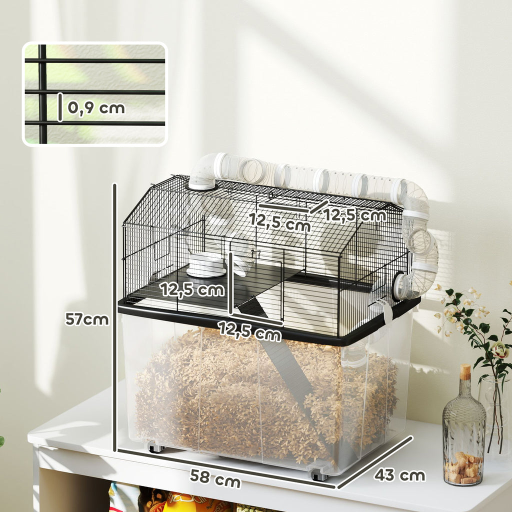 Cage pour hamster portable cage pour hamster avec rampe, gamelle, bouteille d'eau système de tuyaux 58 x 43 x 57 cm noir-2