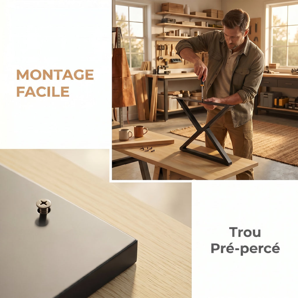 Pieds de table en acier, 60 x 43 cm, lot de 2 pieds de bureau en forme X avec patins réglables et vis, noir-5