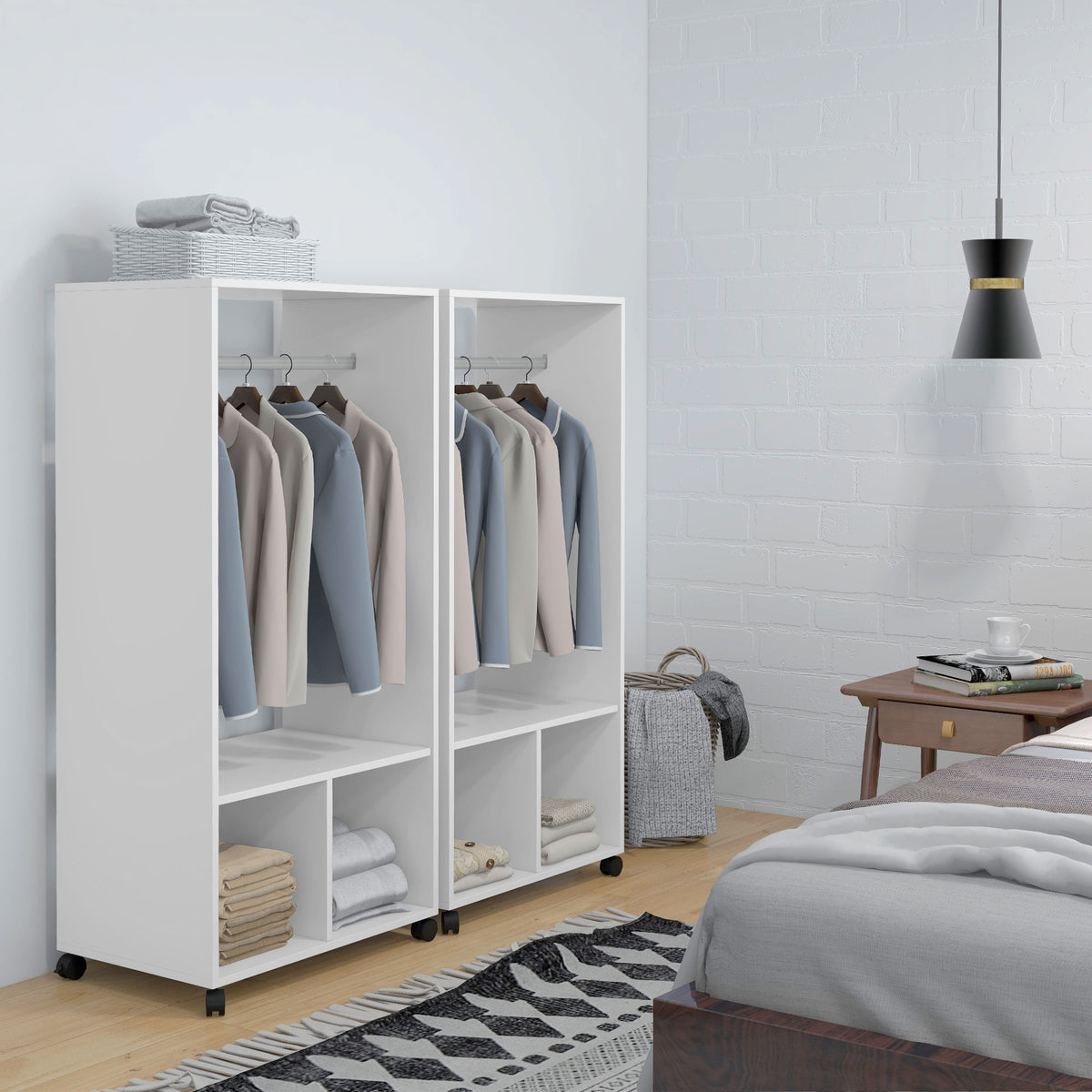 Lot de 2 portants à vêtements penderie mobile avec roulettes 2 niches + Grand Espace penderie en bois Blanc-1