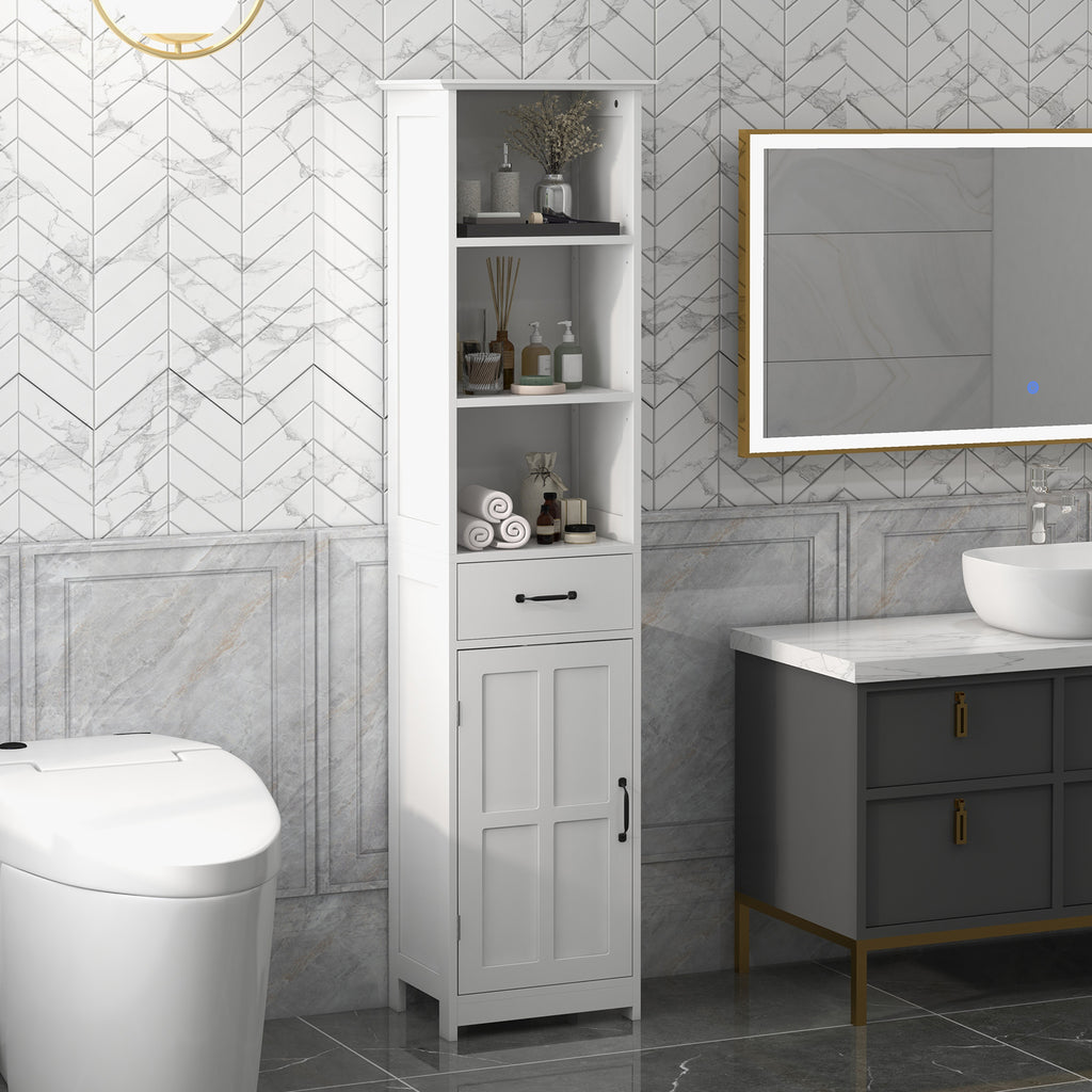 Meuble salle de bain colonne avec 3 compartiments ouverts, tiroir et étagère réglable, 40 x 30 x 164 cm, blanc-1