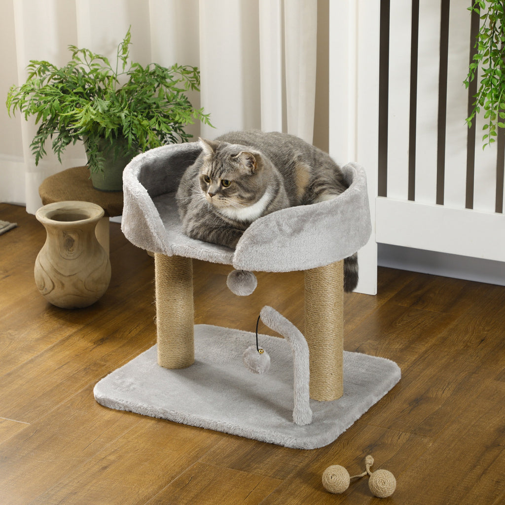Arbre à chat grattoir design avec jeu 2 pompons suspendus 2 poteaux jute plateforme peluche jute 48 x 38 x 42 cm gris-8