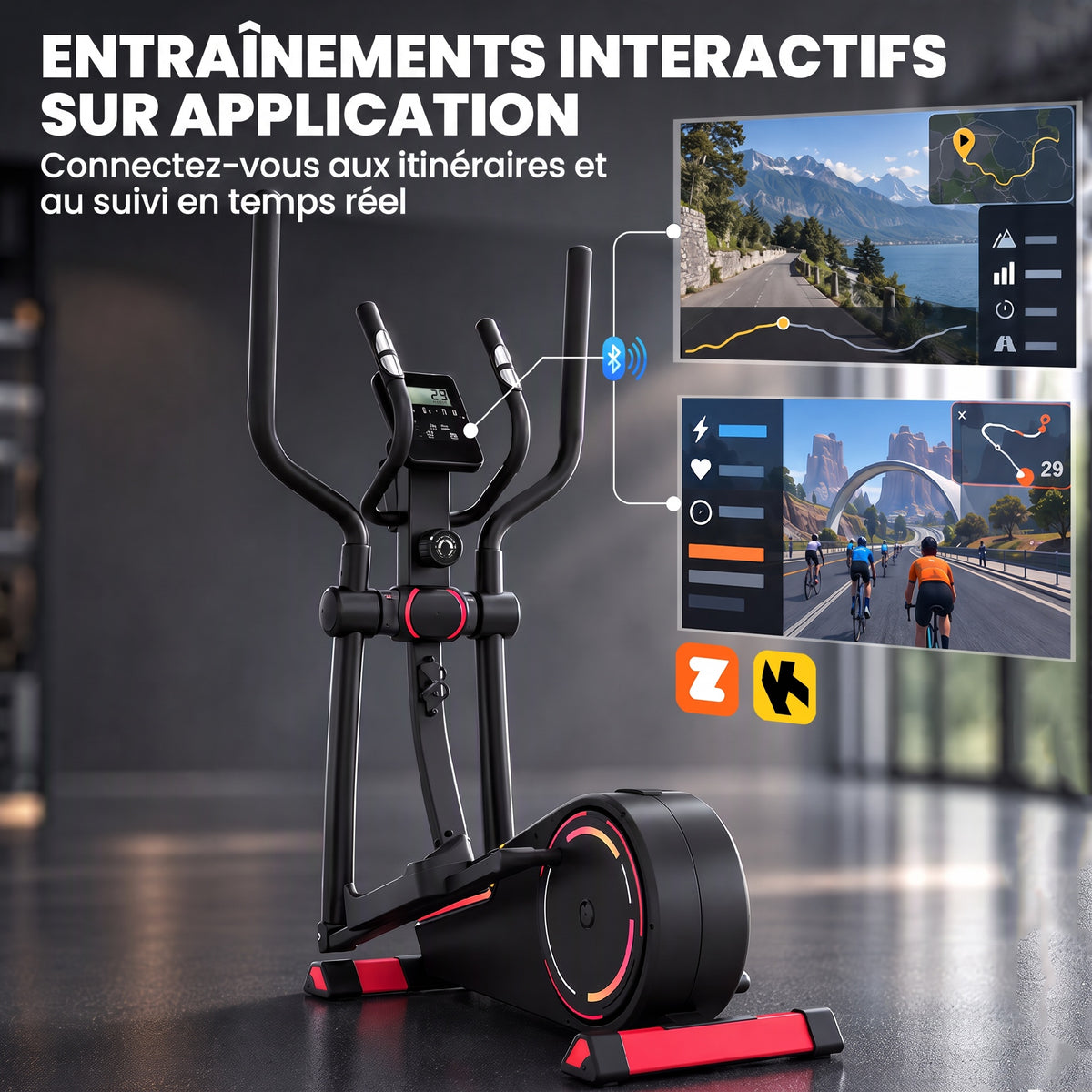Vélo elliptique d’appartement, résistance réglable à 16 niveaux, Bluetooth, compatible appli-4