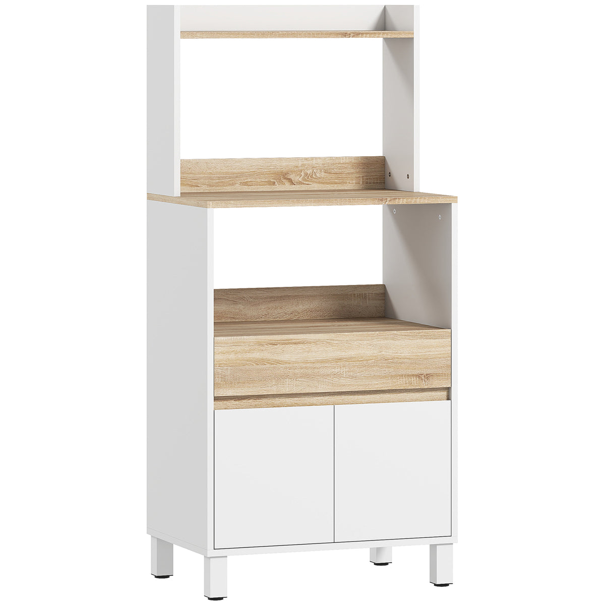 Meuble micro onde, buffet cuisine avec placard tiroir étagère supérieur, 60 x 40 x 131 cm chêne et blanc-0