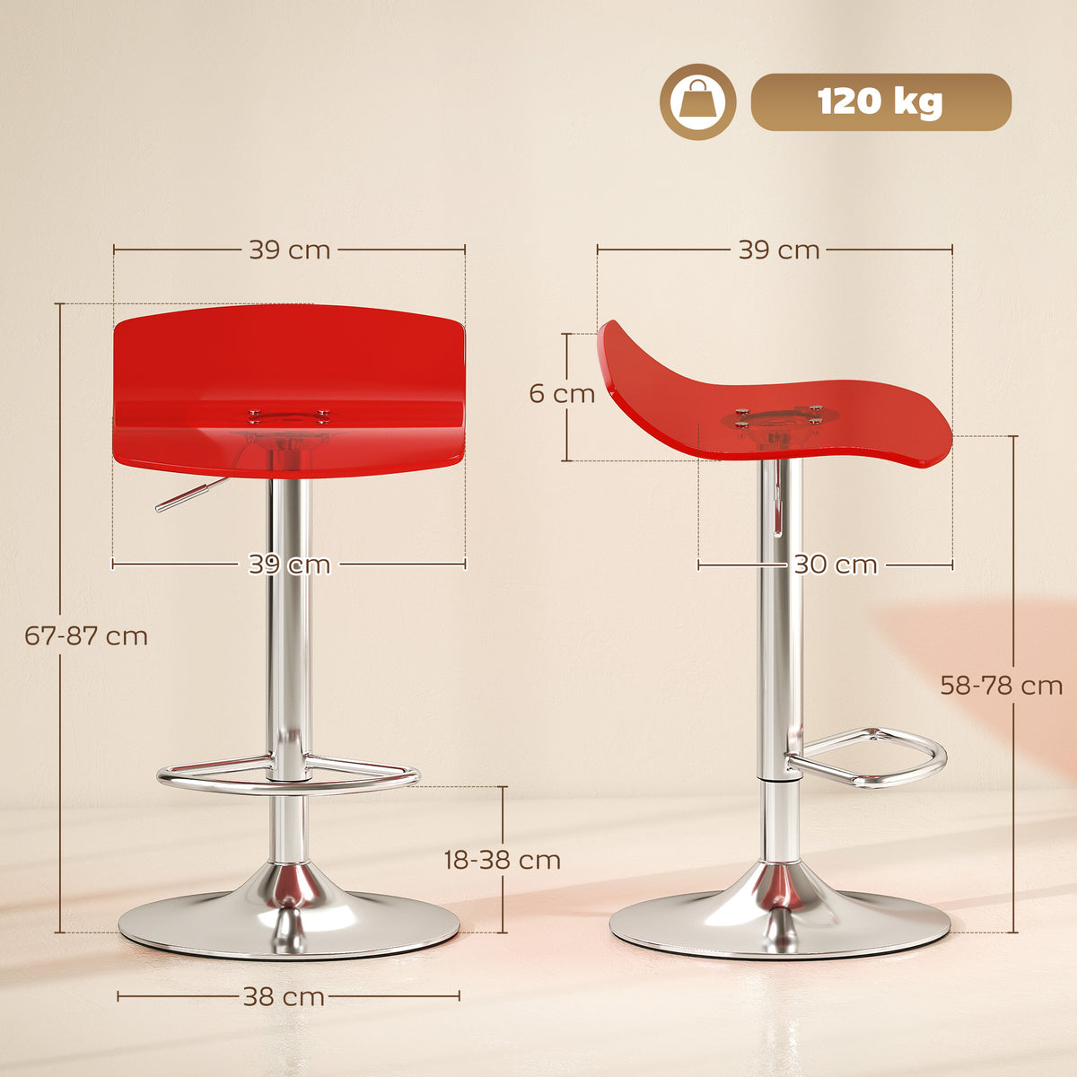 Lot de 2 tabourets de bar design contemporain pivotant 360° hauteur réglable avec repose-pieds 39x39x67-87cm rouge-2