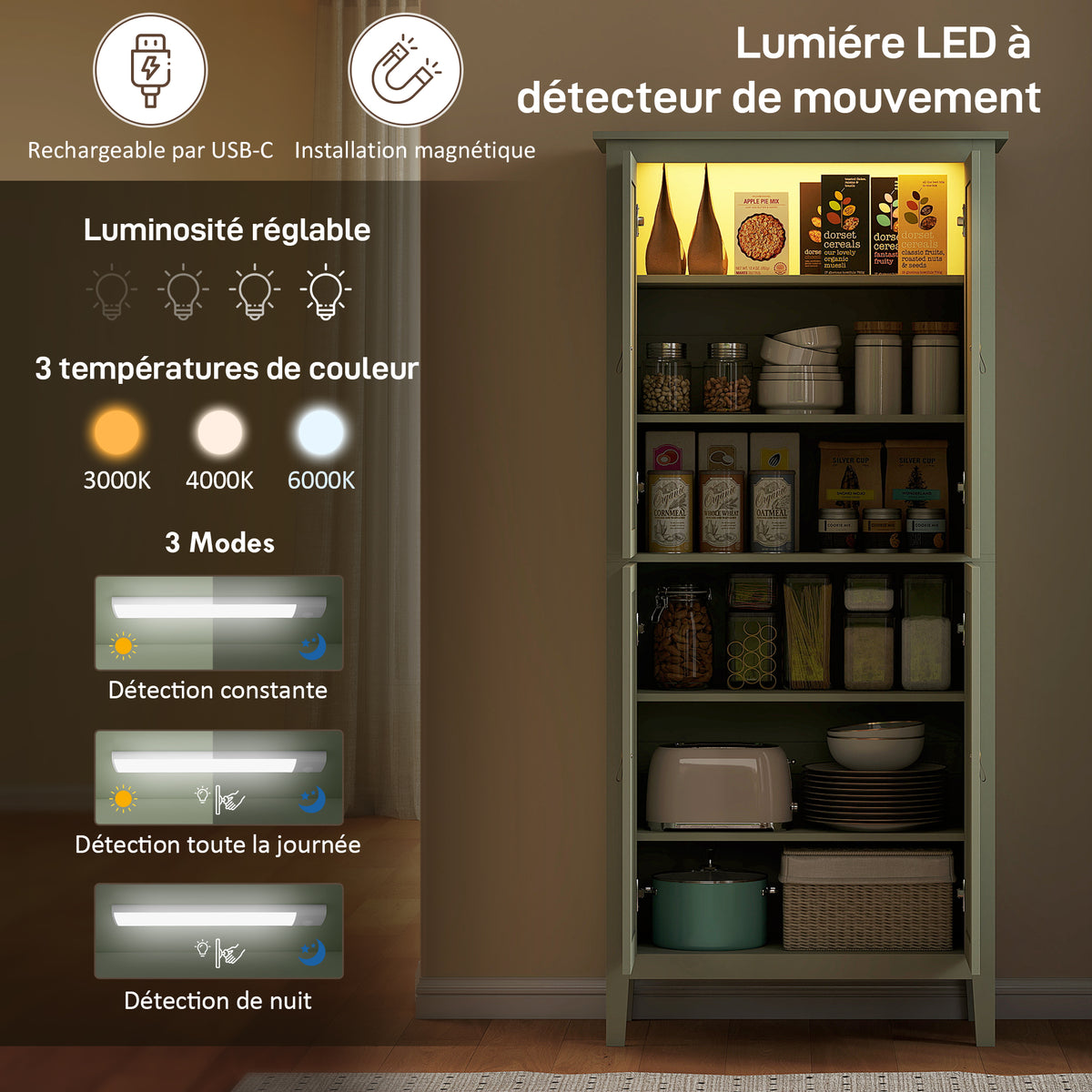 Buffet cuisine, meuble cuisine rangement haut avec LED réglable et détecteur de mouvement, 80 x 40 x 176,5 cm, vert-3