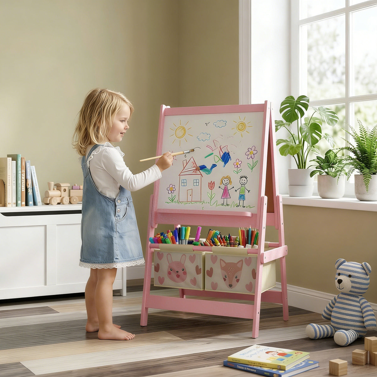 Tableau chevalet enfant ardoise double face tableau à craie rouleau papier 2 paniers 54 x 46,5 x 93 cm rose-1
