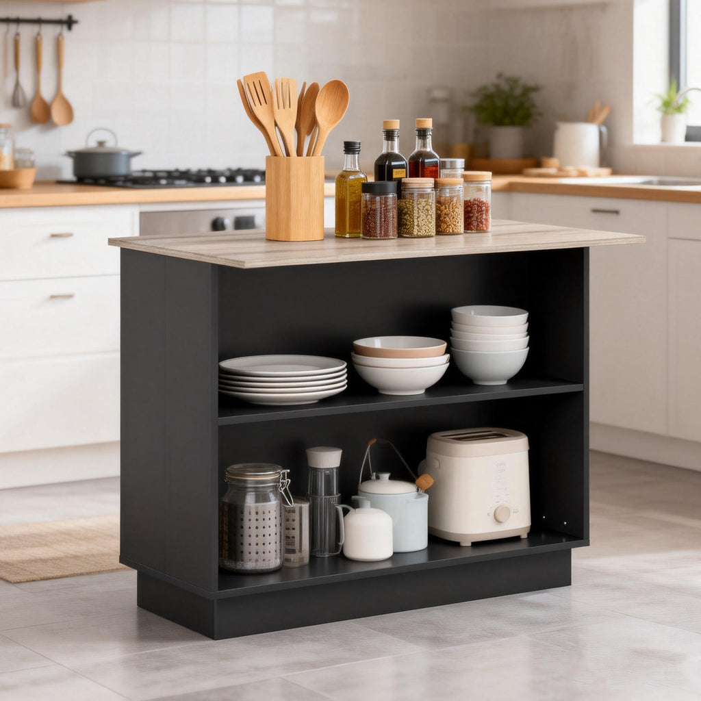 Desserte îlot de cuisine étagère réglable 2 compartiments ouverts 2 placards plan de travail effet bois 105 x 60 cm noir-7