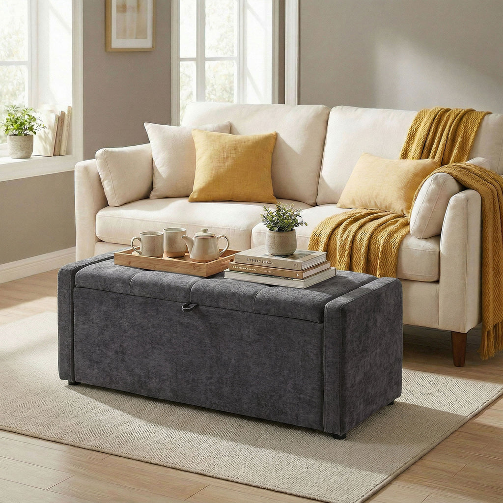 Banc de rangement, bout de lit, repose-pieds rembourré en lin avec assise large, 122 x 48 x 44 cm, gris foncé-9
