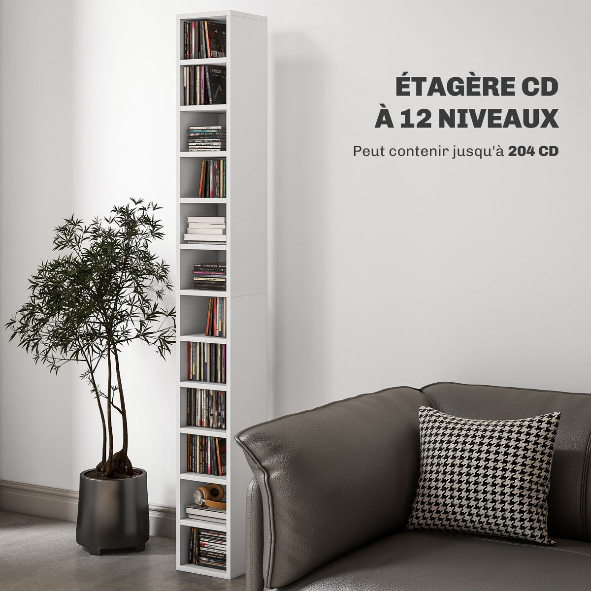 Rangements pour CD et DVD avec 12 compartiments, capacité max. 204 CD, 21 x 20 x 175 cm, blanc-3