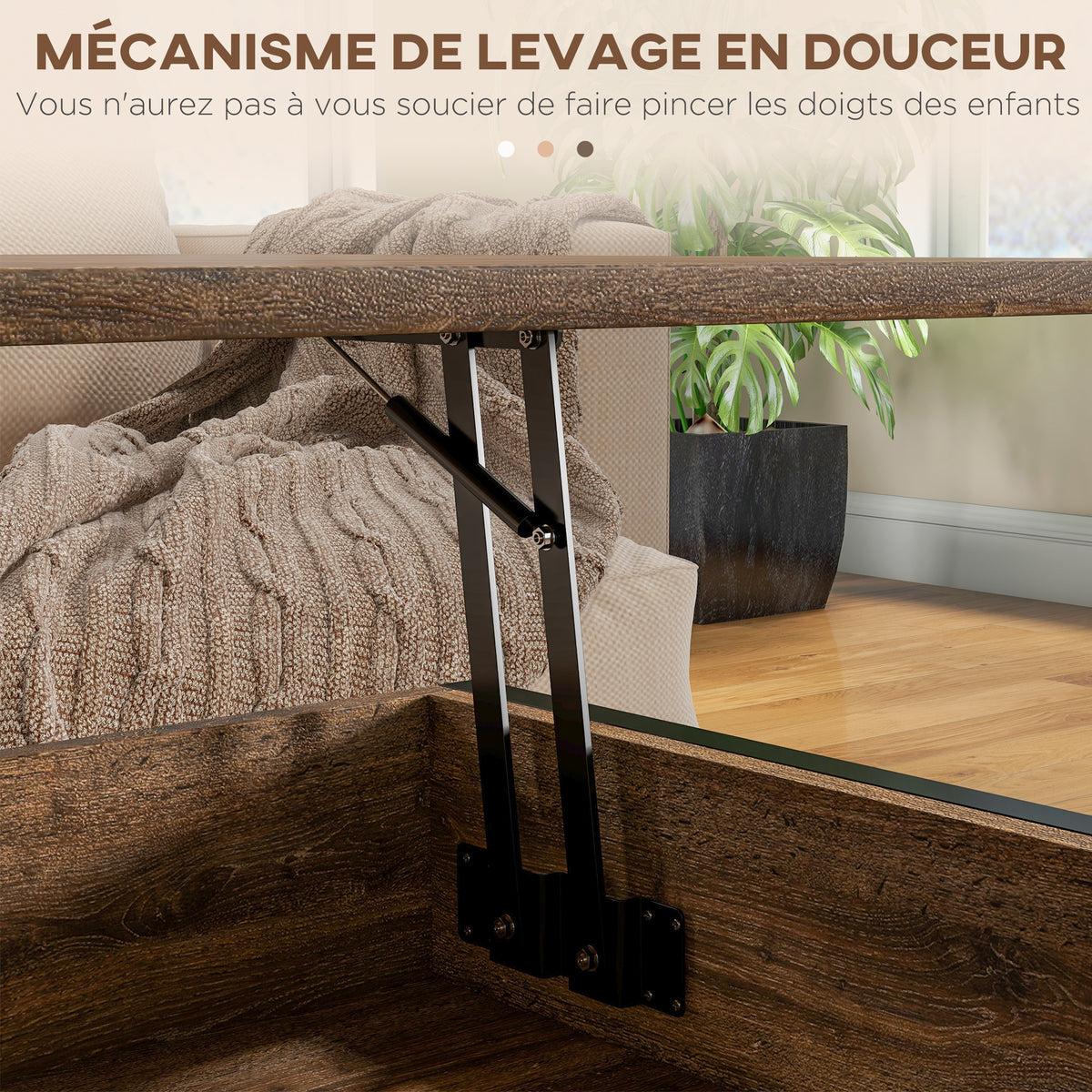 Table basse relevable table de salon compartiment caché 2 étagères inférieures 100 x 80 x 60 cm marron rustique noir-6