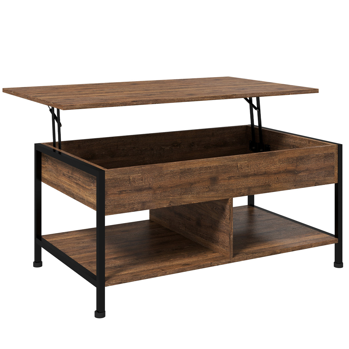 Table basse relevable table de salon compartiment caché 2 étagères inférieures 100 x 80 x 60 cm marron rustique noir-0