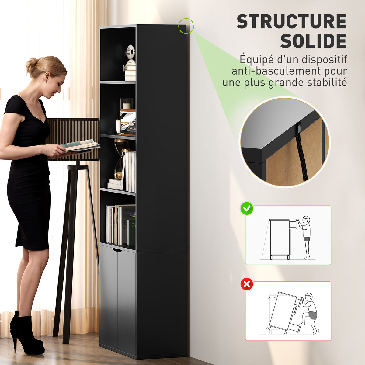 Bibliothèque Armoire à livres avec 4 compartiments ouverts et 2 portes pour le salon et le bureau 59x29x180 cm Noir-4