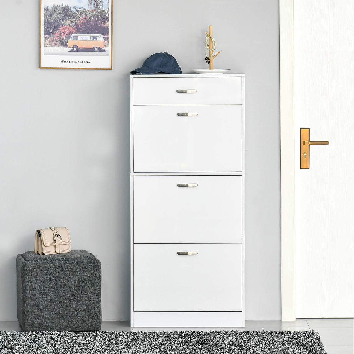 Meuble à Chaussures - 3 Portes abattantes et tiroir Coulissant - dim. 62L x 24l x 135H cm Blanc-9