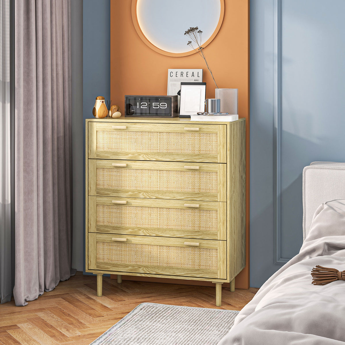Commode 4 tiroirs meuble de rangement façade tissage en rotin style bohème dim. 90l x 45P x 108,5H cm Aspect Bois Clair-1
