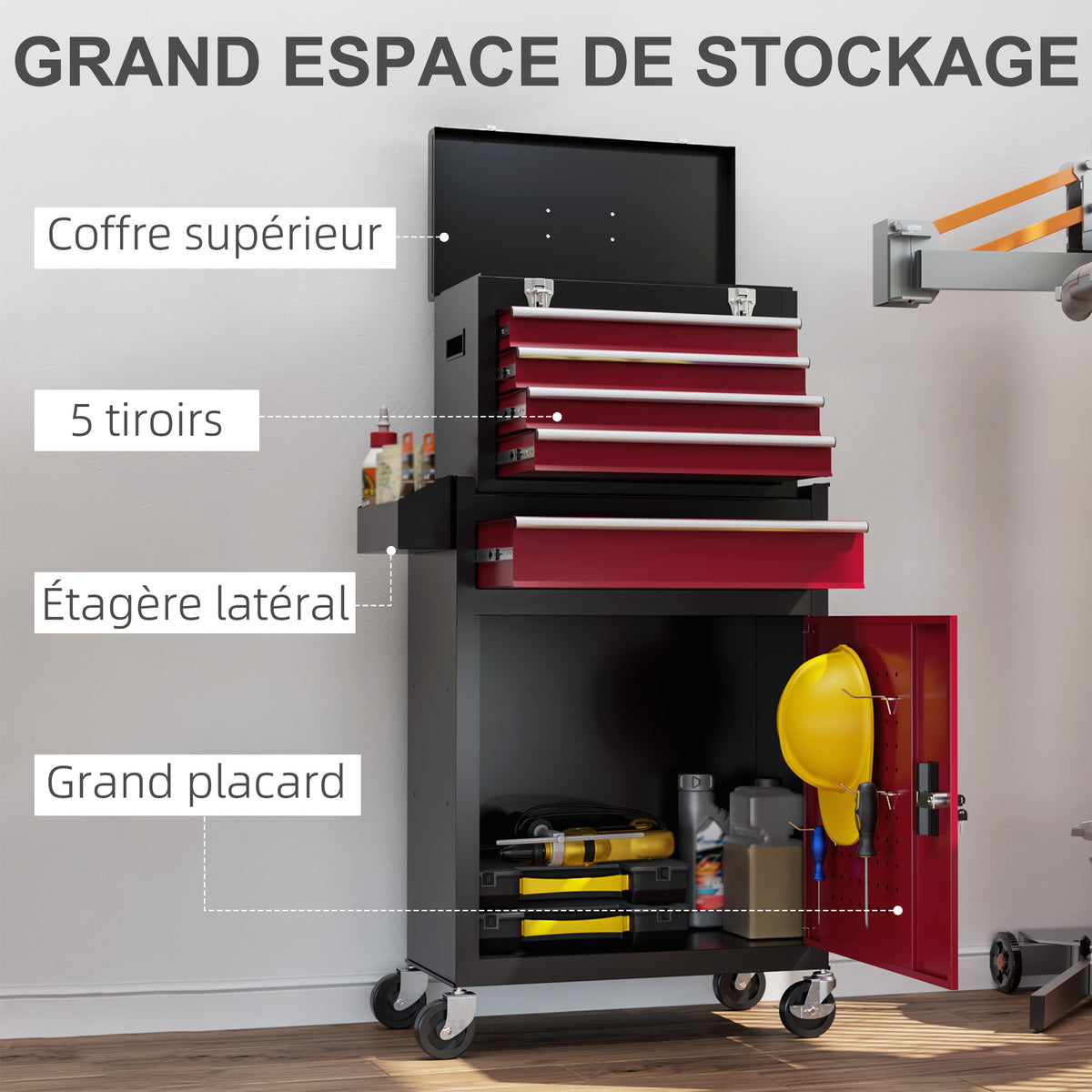 Armoire à outils verrouillable sur roulettes avec 5 tiroirs et armoire, sur roulettes pour l'atelier et la maison, rouge-3