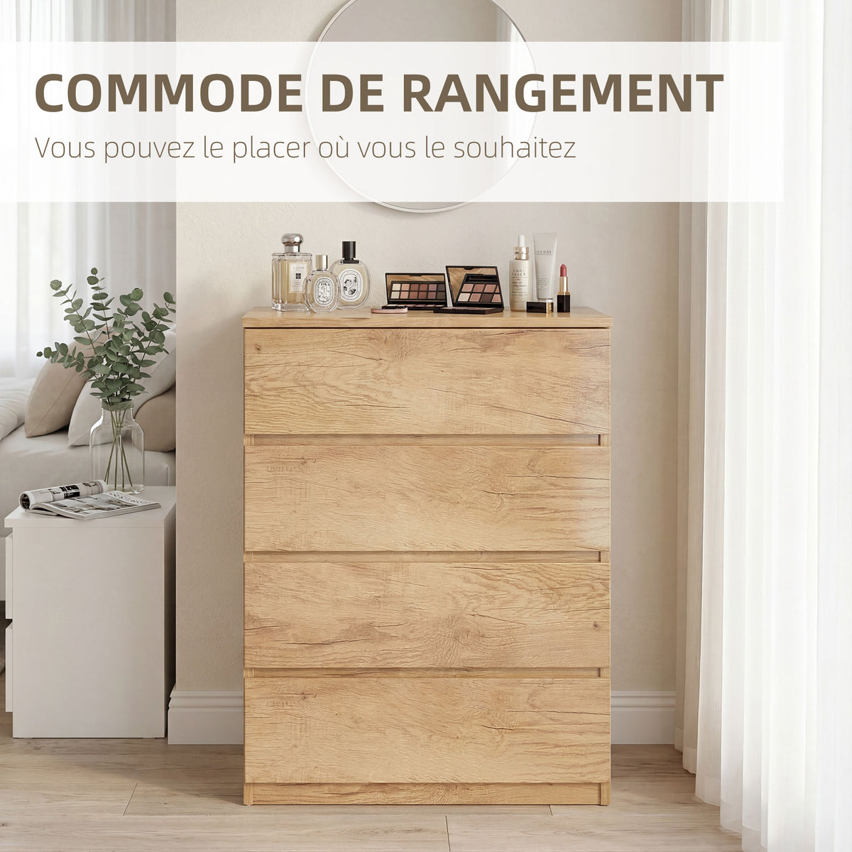 Commode 4 tiroirs meuble de rangement sans poignées design minimaliste 60 x 40 x 80 cm naturel-3