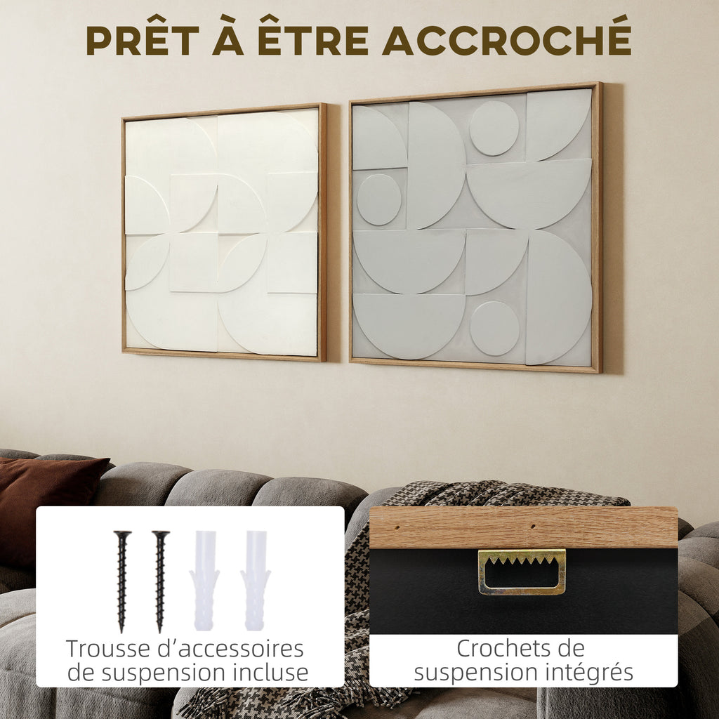 Lot de 2 tableaux abstraits 3D, décoration murale en bois géométrique, pour salon, chambre, bureau, 80 x 80 cm, blanc-4