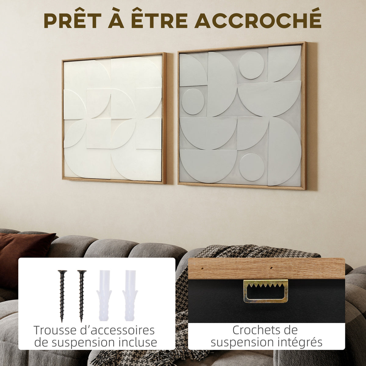 Lot de 2 tableaux abstraits 3D, décoration murale en bois géométrique, pour salon, chambre, bureau, 80 x 80 cm, blanc-4