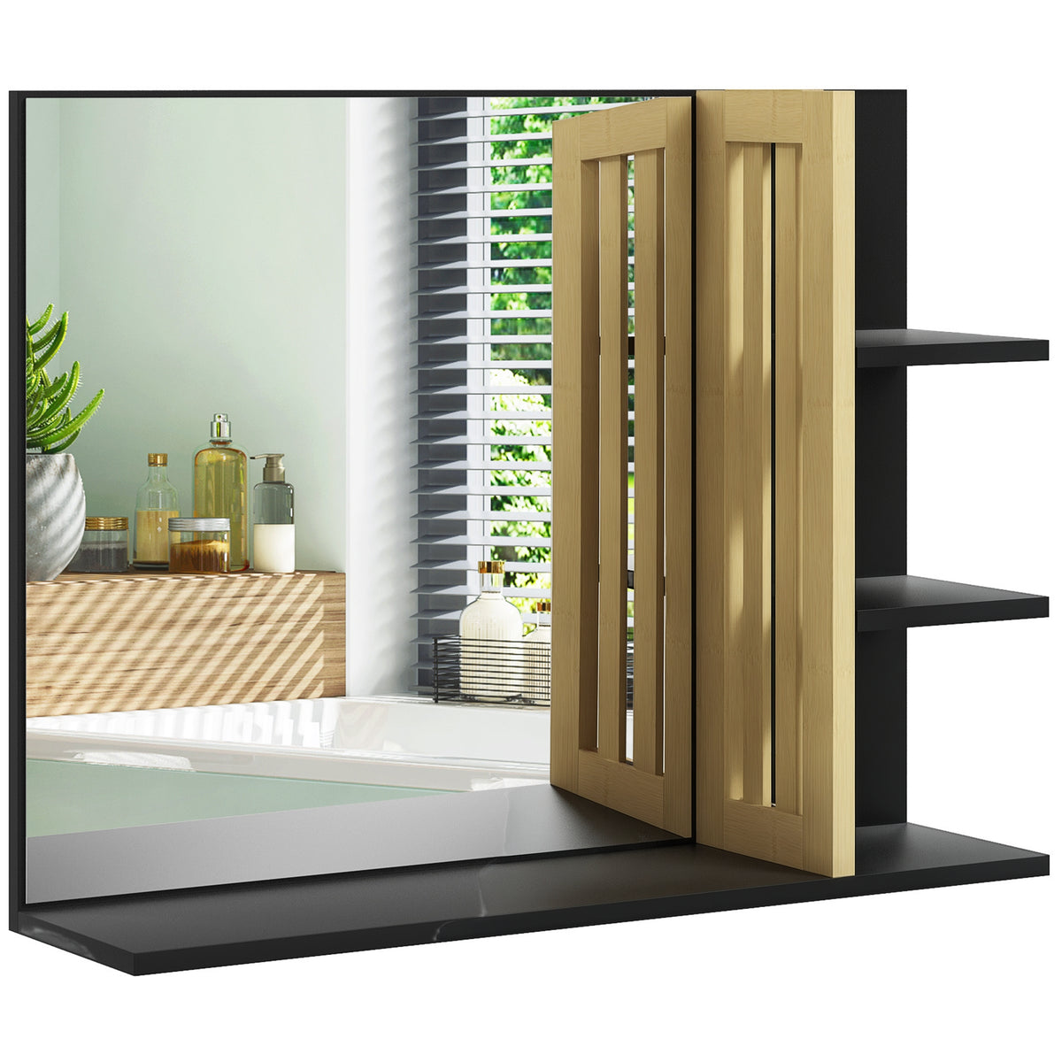 Miroir mural de salle de bain avec étagères de rangement - 3 étagères latérales + 1 étagère inférieure - bois de bambou-9
