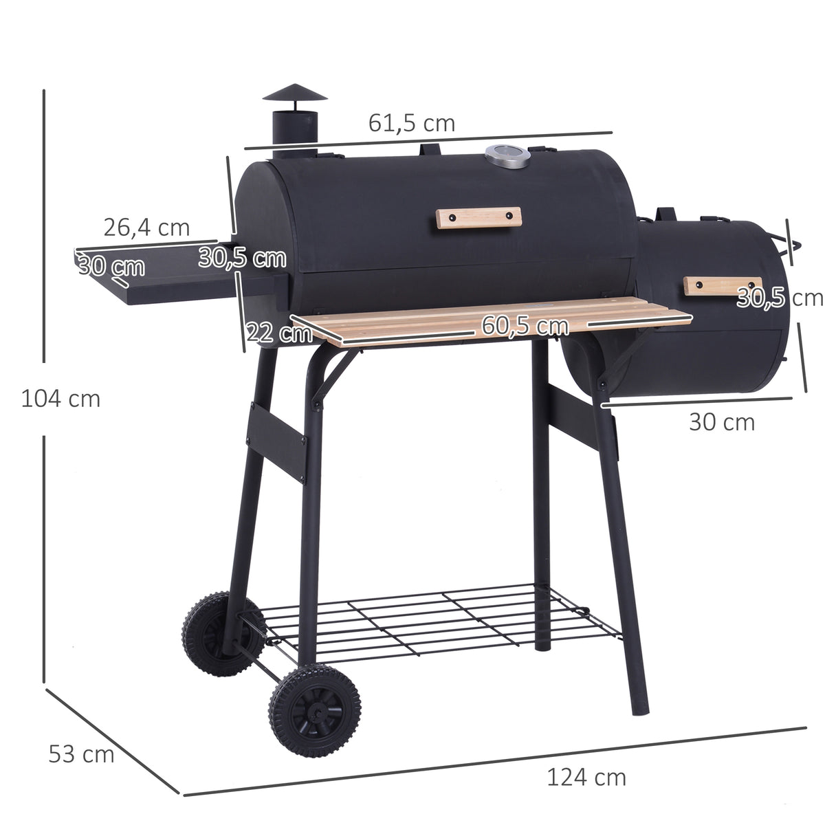 Barbecue à Charbon fumoir BBQ Grill Smoker sur Pied avec Couvercle, roulettes, thermomètre, étagères Noir-2