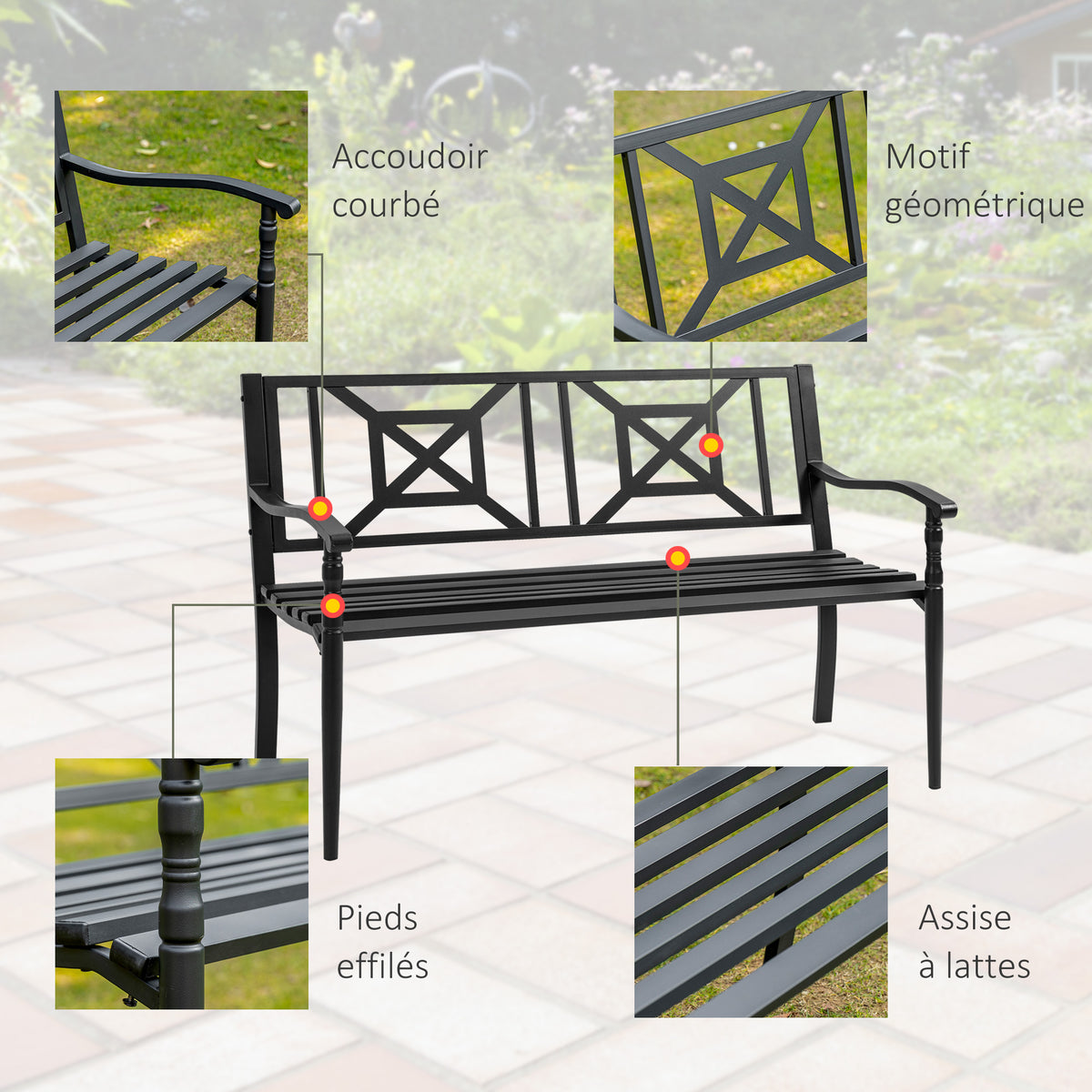 Banc de jardin 2 places banquette extérieur terrasse patio dossier haut assise à lattes accoudoirs-4