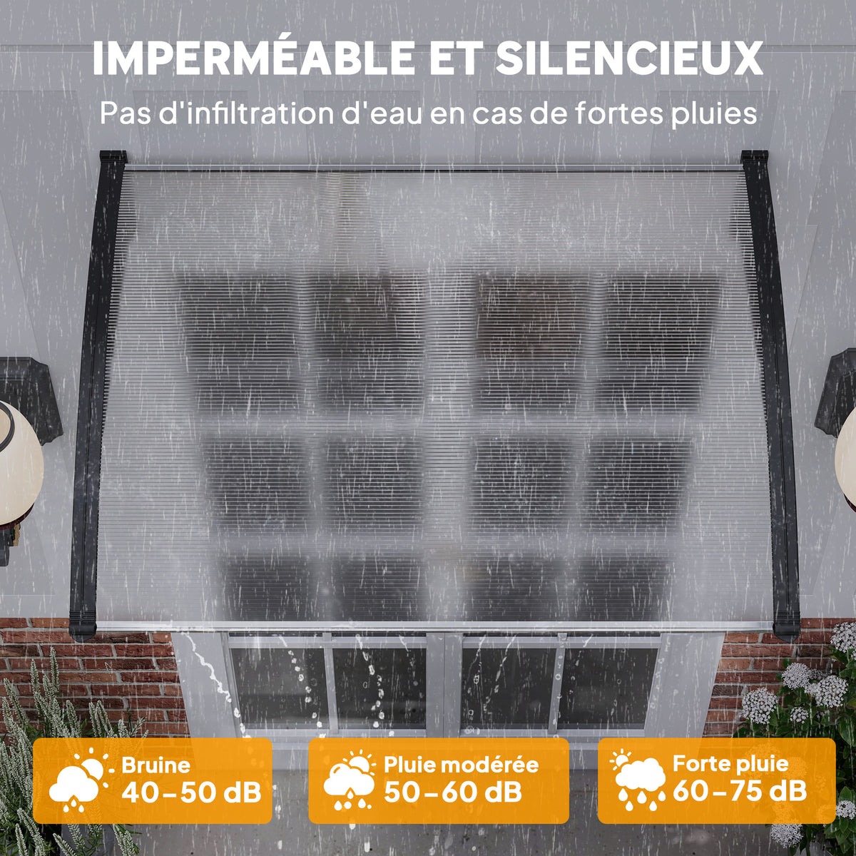 Auvent de porte d'entrée toit marquise en polycarbonate protection contre pluie neige UV 90 x 122 cm, transparente-4
