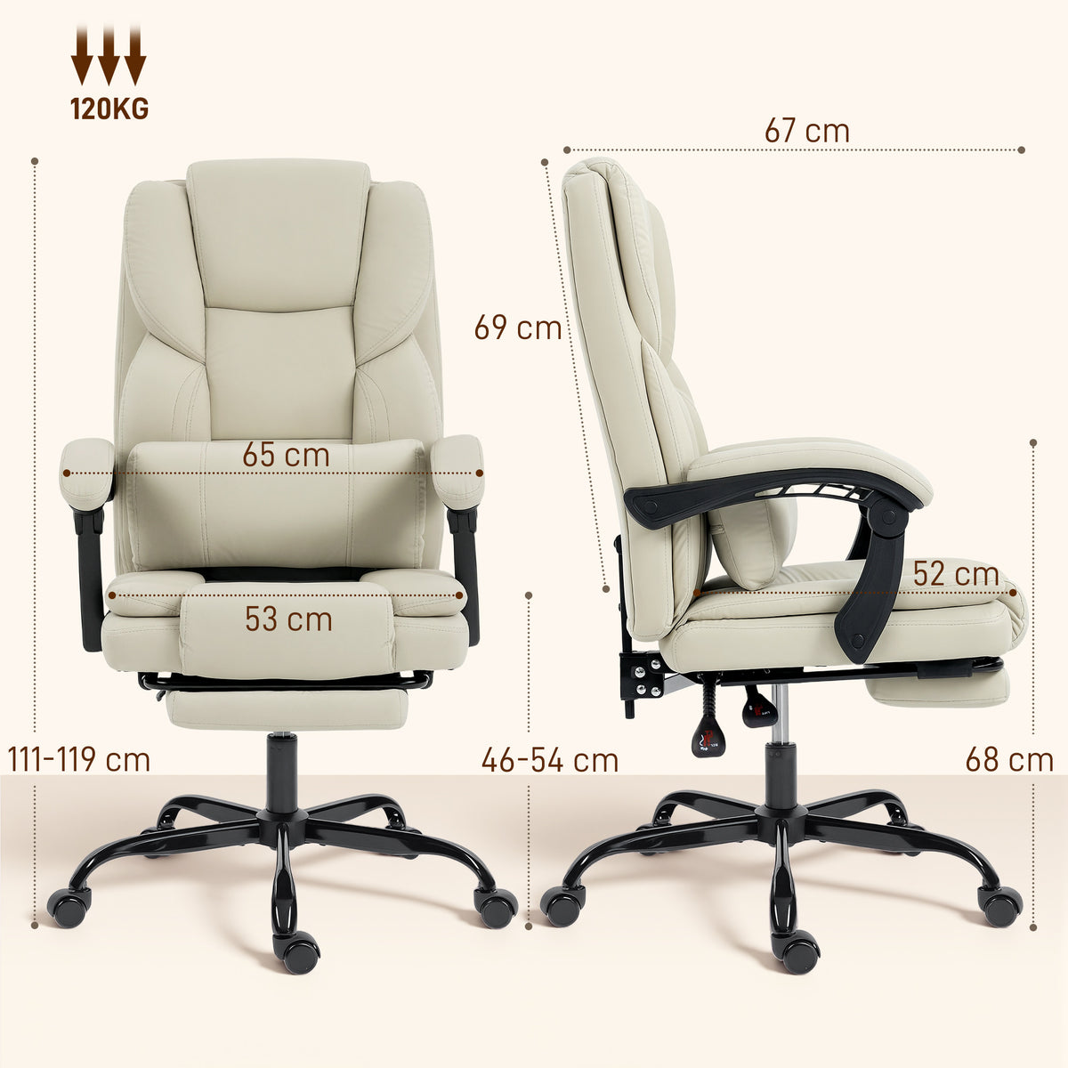 Chaise Bureau Ergonomique, Fauteuil de Bureau avec Dossier Inclinable, Hauteur Réglable, 65x67x111-119cm, Beige-2