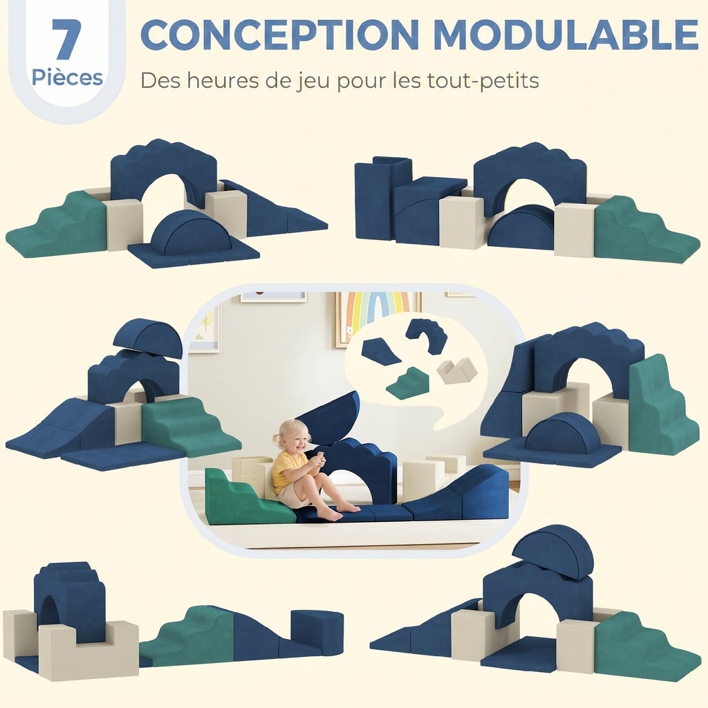 Parcours motricité bébé 7PCS, module en mousse avec housse en velours et base antidérapante, bleu-3