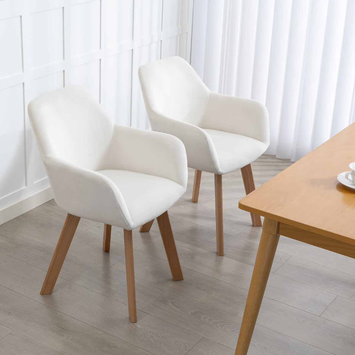 Lot de 2 chaises de salle à manger Fauteuil Assise rembourrée en tissu effet velours Pieds en bois, crème-7