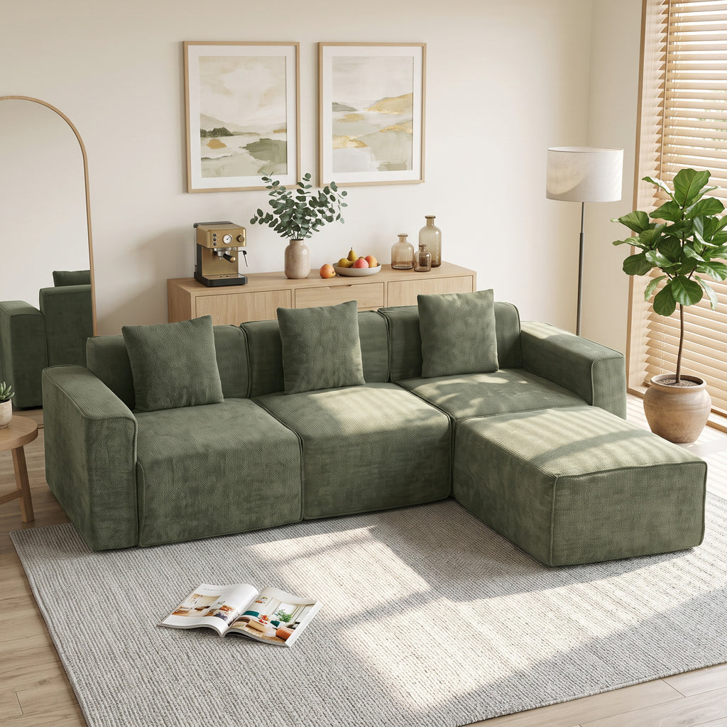 Canapé 3 Places avec Pouf Réversible, Canapé d'Angle Modulable en Chenille 251 cm Moderne, Assise Large, Vert-7