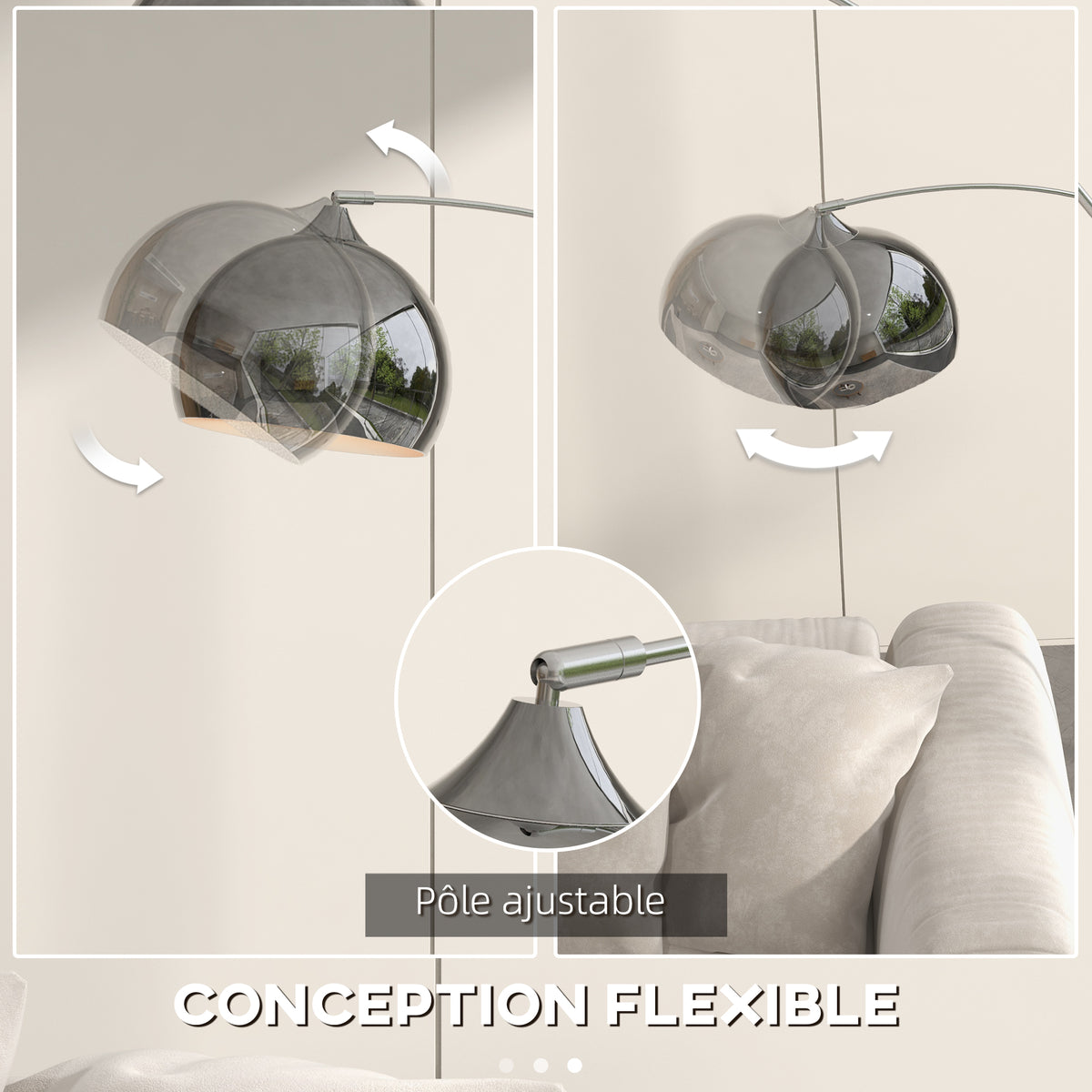 Lampadaire lampe de salon arc réglable pied marbre style vintage 40W E27 dim. 100-115L x 30l x 170-180H cm noir gris-4