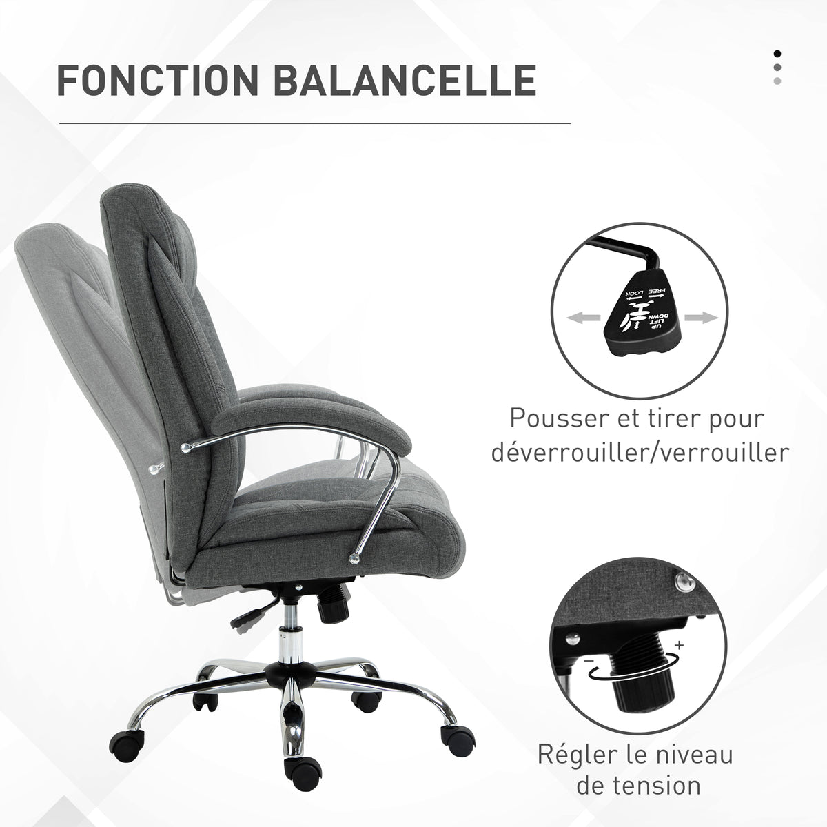 Fauteuil de bureau, chaise de bureau ergonomique, hauteur réglable, dossier haut, fonction de bascule, 65x78x118cm, gris-4