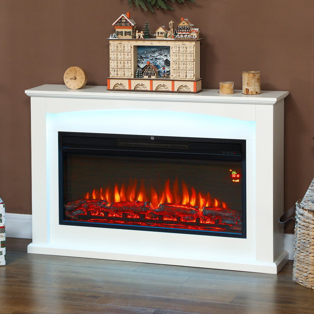 Cheminée électrique 1000W/2000W, fausse cheminée décorative, effet flamme à 5 luminosités réglables, 121x25x77cm, blanc-9