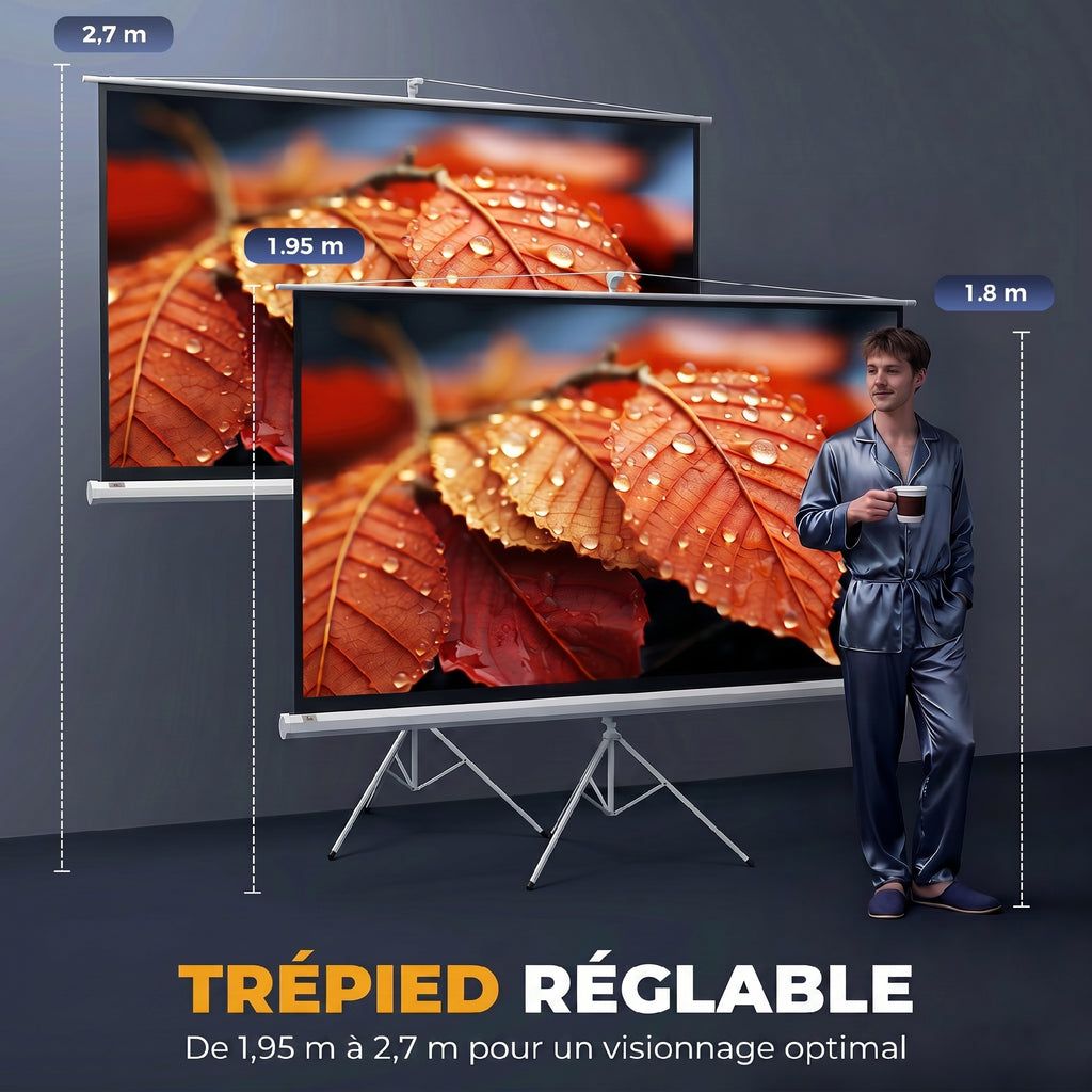 Écran de projection 100 pouces avec support trépied hauteur réglable, écran 4K HD 16:9-5