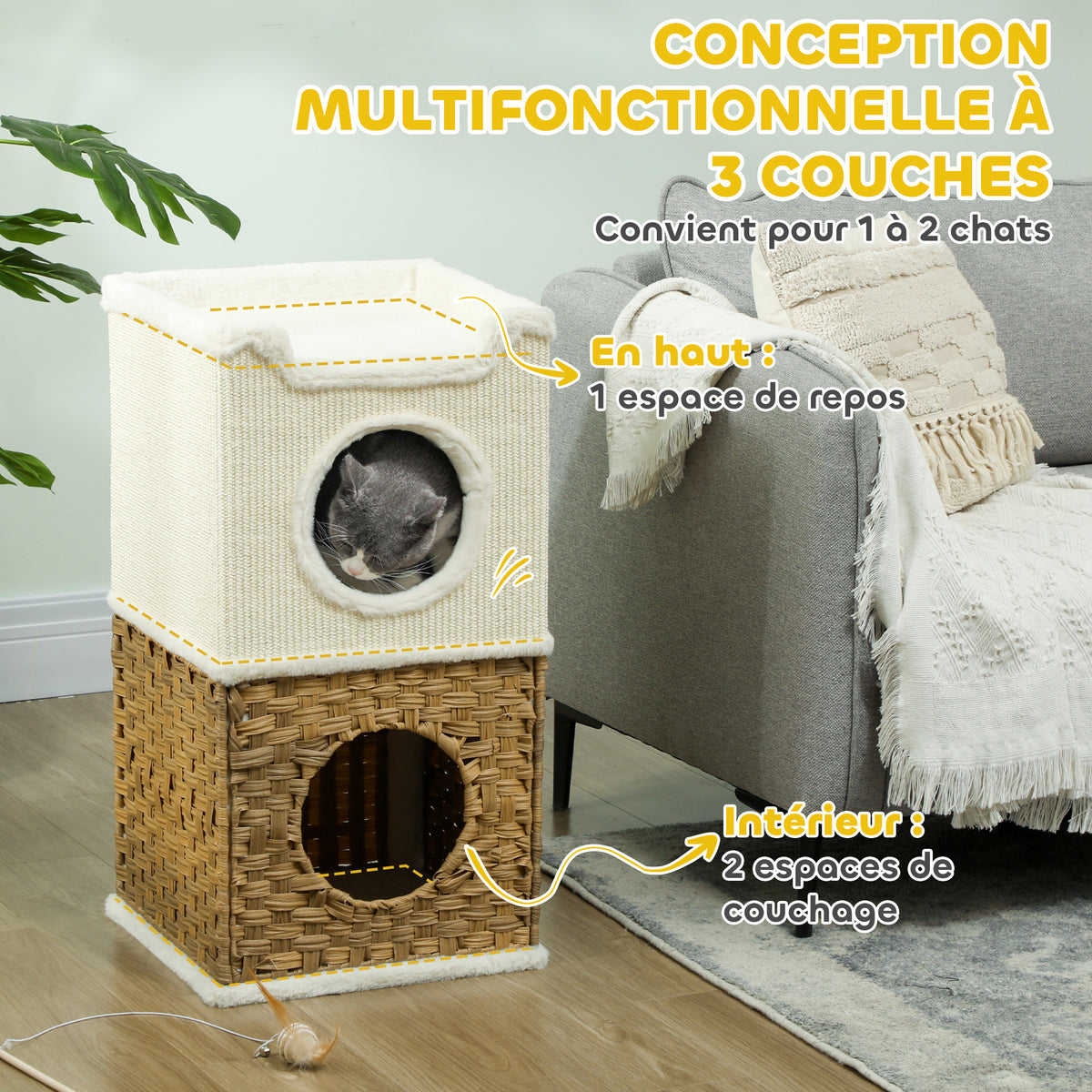 Niche pour chat d'intérieur à 3 niveaux, tour pour chat avec griffoir en sisal à griffer 41 x 41 x 75,5 cm, crème-3