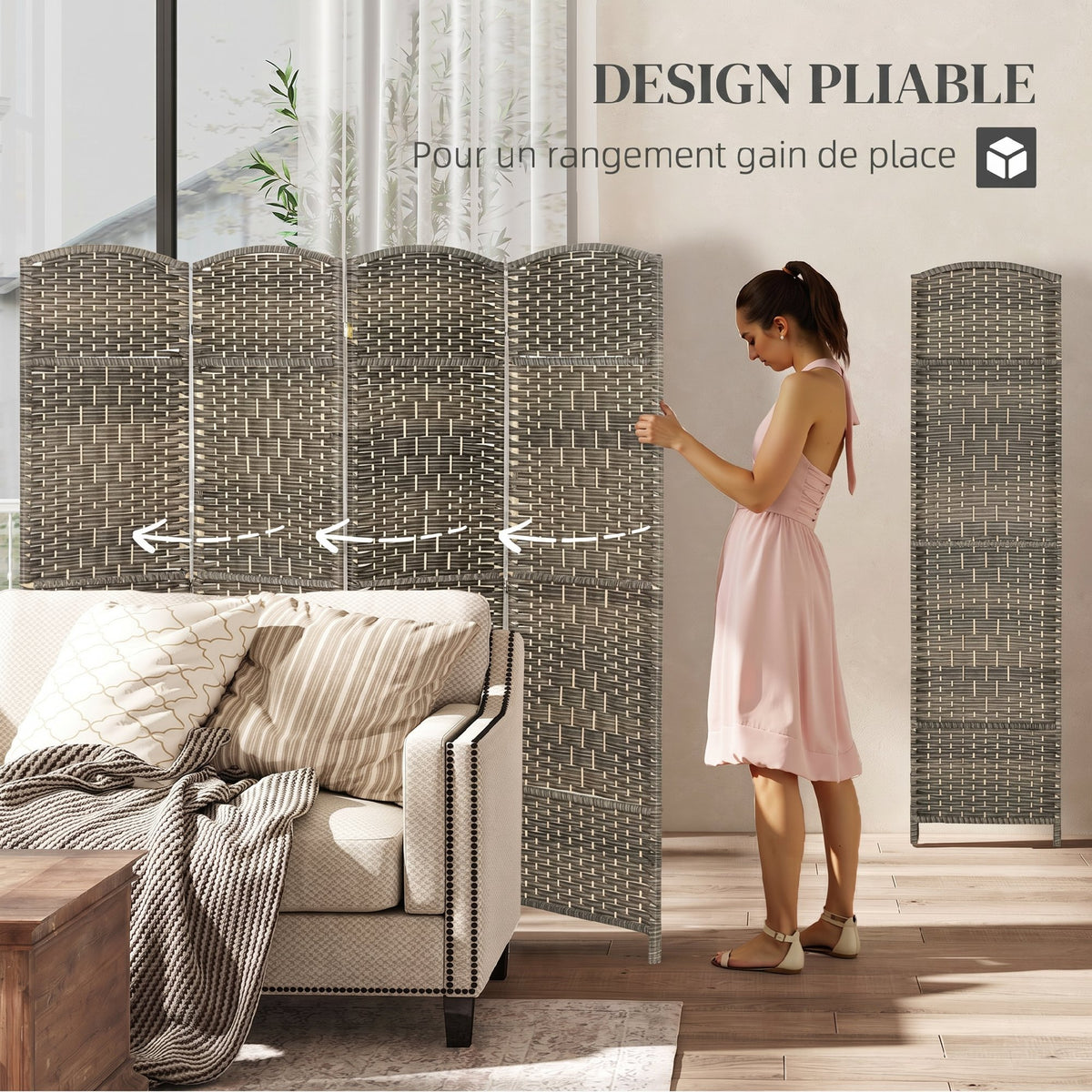 Paravent intérieur en bois 4 panneaux séparateur de pièce pliable pour salon chambre 180 x 180 cm chêne foncé-3