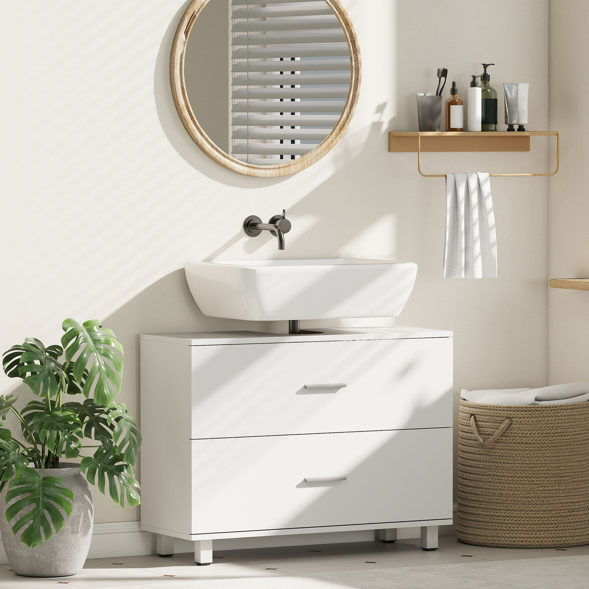 Meuble sous lavabo, meuble de salle de bain avec 2 tiroirs, style moderne, 80 x 30 x 60 cm, blanc-1