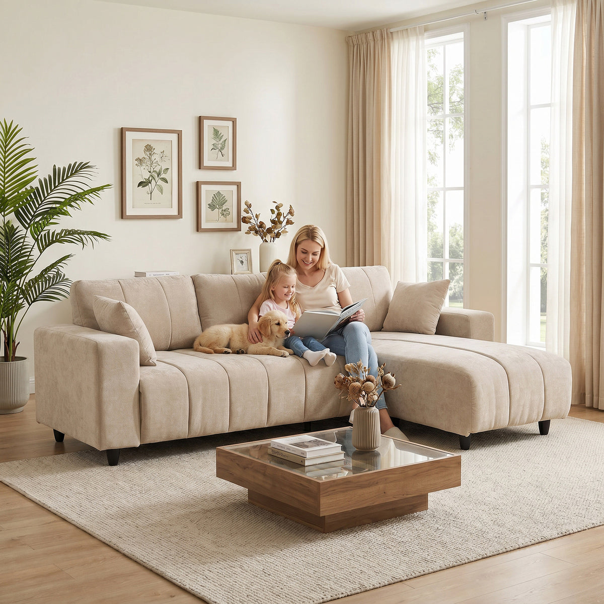 Canapé d'Angle Modulable 242 cm, Canapé 4 Places en L avec Méridienne Réversible, 2 Oreillers, Tissu Aspect Lin, Beige-8