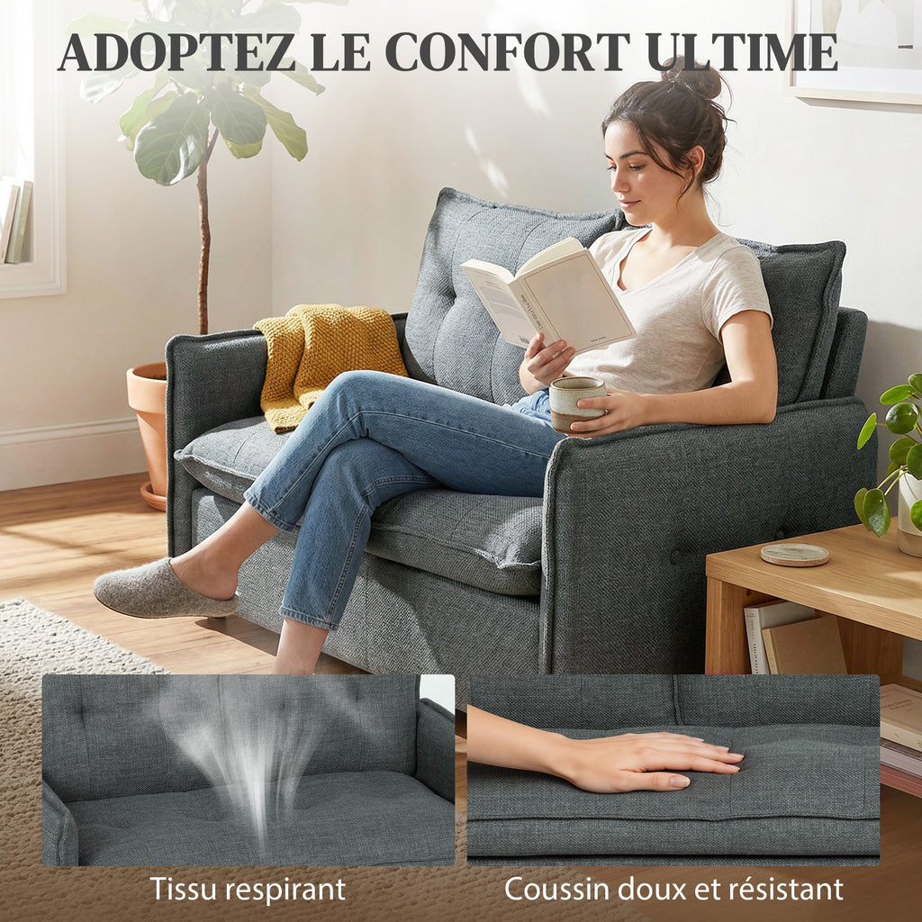 Canapé 2 places, canapé de salon moderne 131 cm avec assise rembourrée, coussins à ressorts, tissu en lin, gris foncé-3