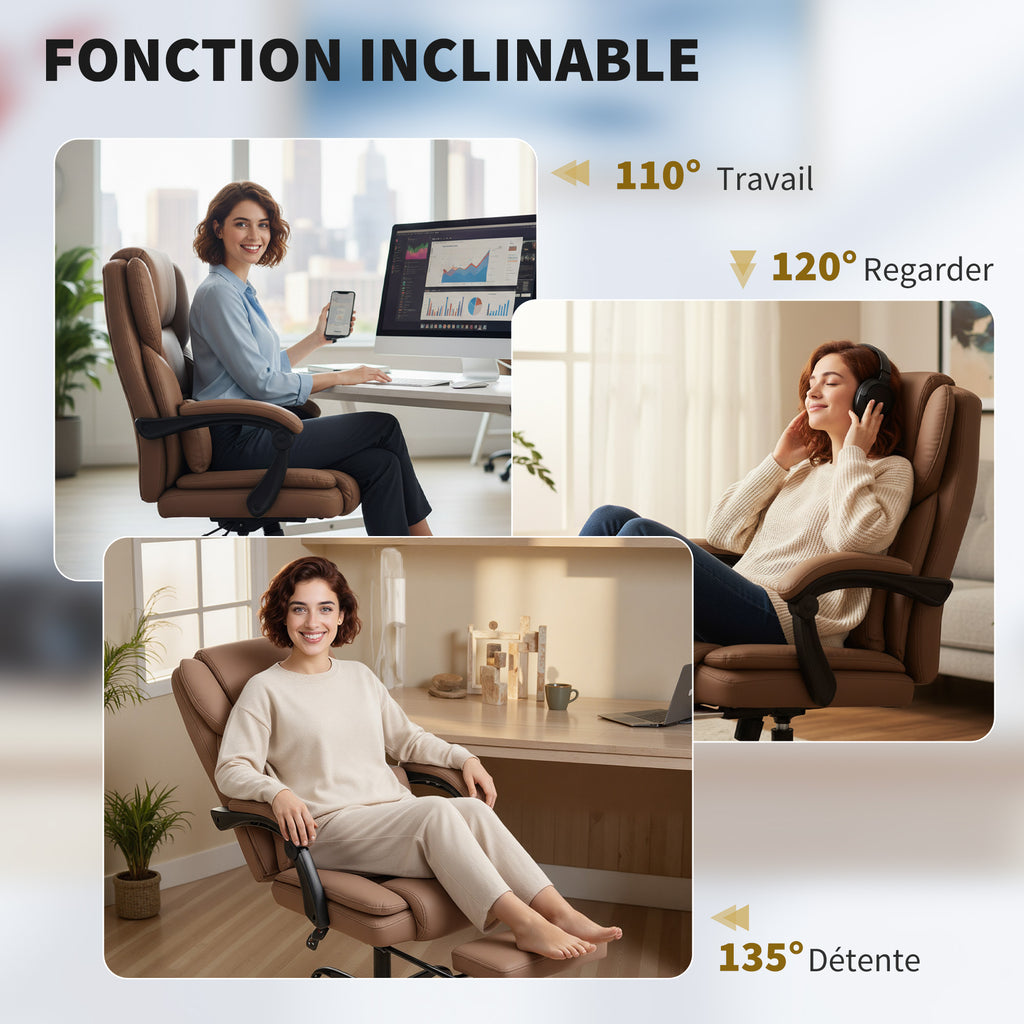 Chaise bureau ergonomique, fauteuil de bureau avec dossier inclinable, hauteur réglable, 65x67x111-119cm, marron-6
