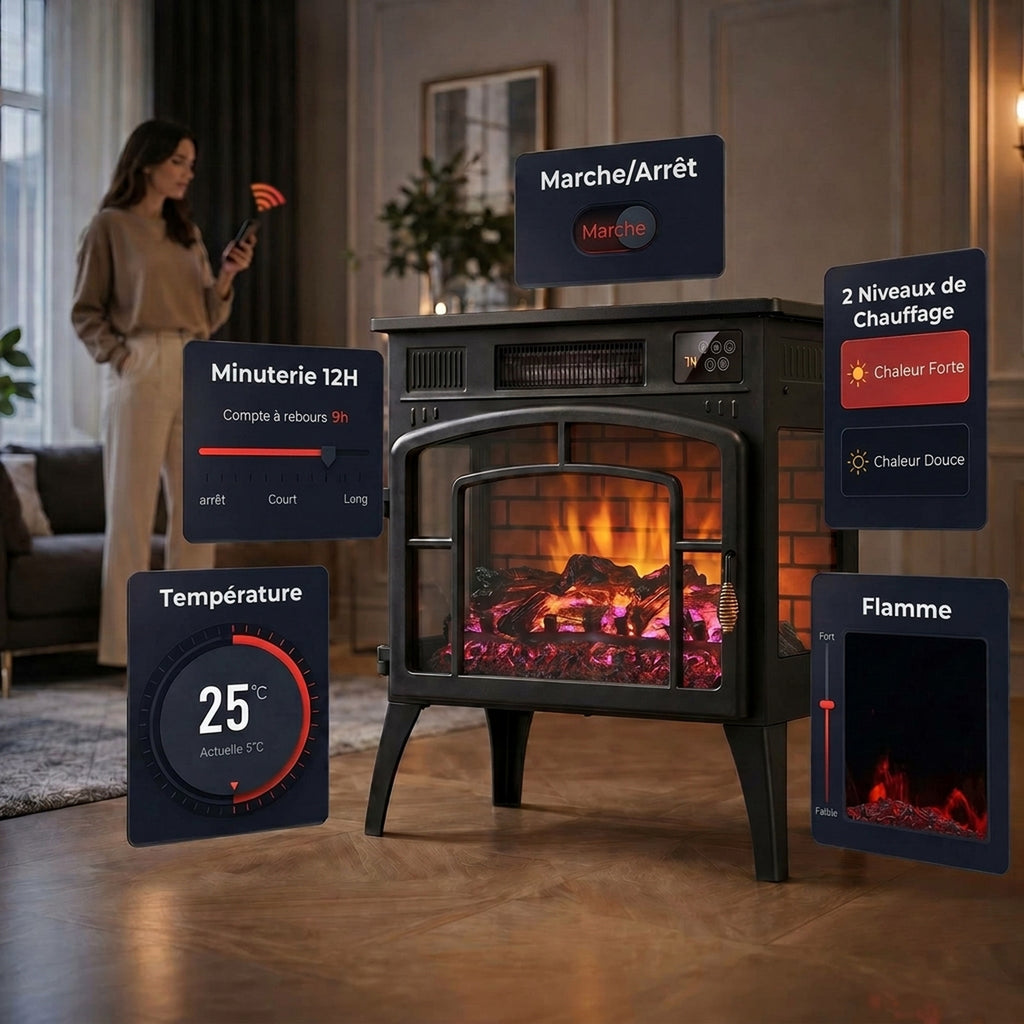 Cheminée Électrique Effet Flamme 3D Multicolore 1000W/2000W, Thermostat Réglable, Contrôle par Appli et Voix, Noir-5