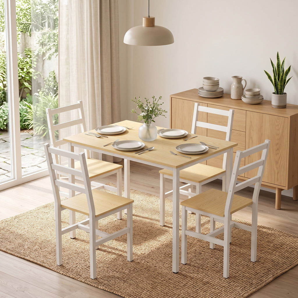 Ensemble Table Salle à Manger avec 4 Chaises, Table Rectangulaire 108 cm, Chaises à Dossier à Lattes, Chêne et Blanc-8