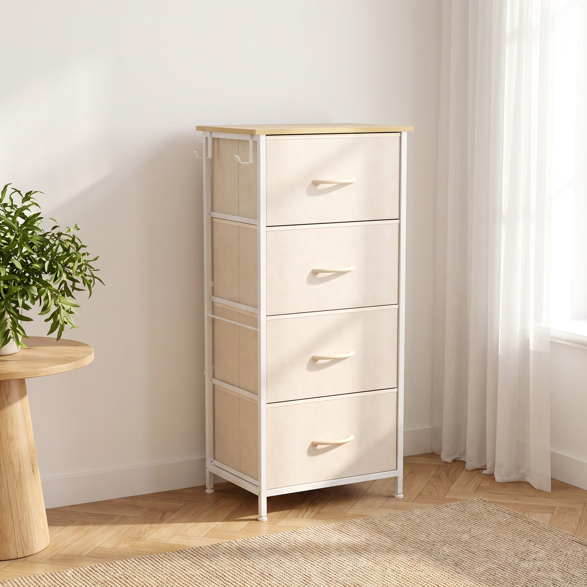 Commode 4 tiroirs en tissu, meuble de rangement avec 4 poches, 2 crochets, structure en acier, 45 x 30 x 94,5 cm, Beige-1