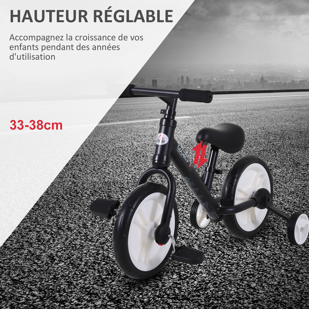 Vélo Enfant draisienne 2 en 1 roulettes et pédales Amovibles Roues 12" Hauteur Selle réglable pour enfants de 2 à 5 ans Acier Noir-3
