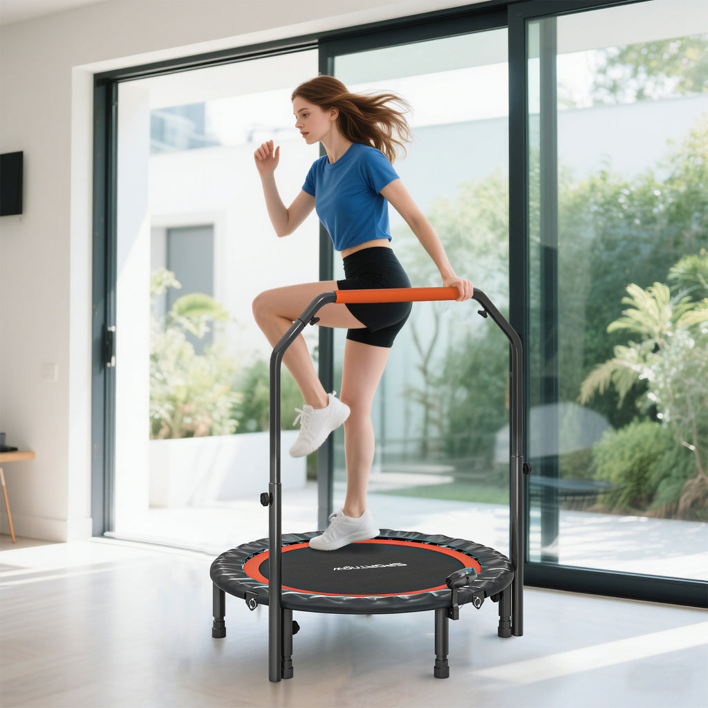 Trampoline de fitness gymnastique avec poignée réglable, pliable, 6 pieds, 28 ressorts Ø 102 cm, noir rouge-9