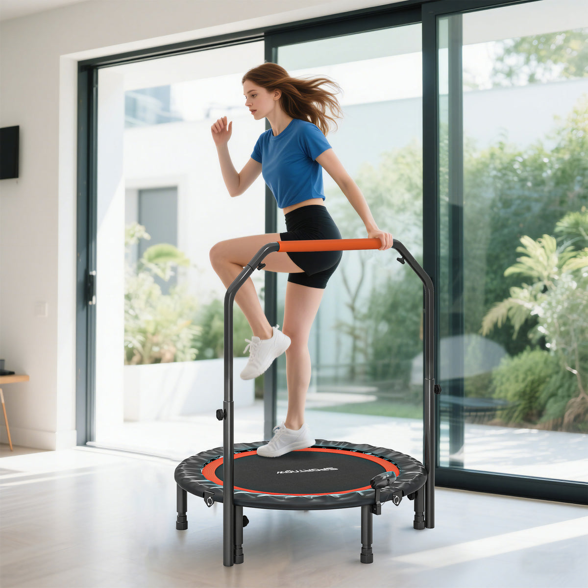 Trampoline de fitness gymnastique avec poignée réglable, pliable, 6 pieds, 28 ressorts Ø 102 cm, noir rouge-9