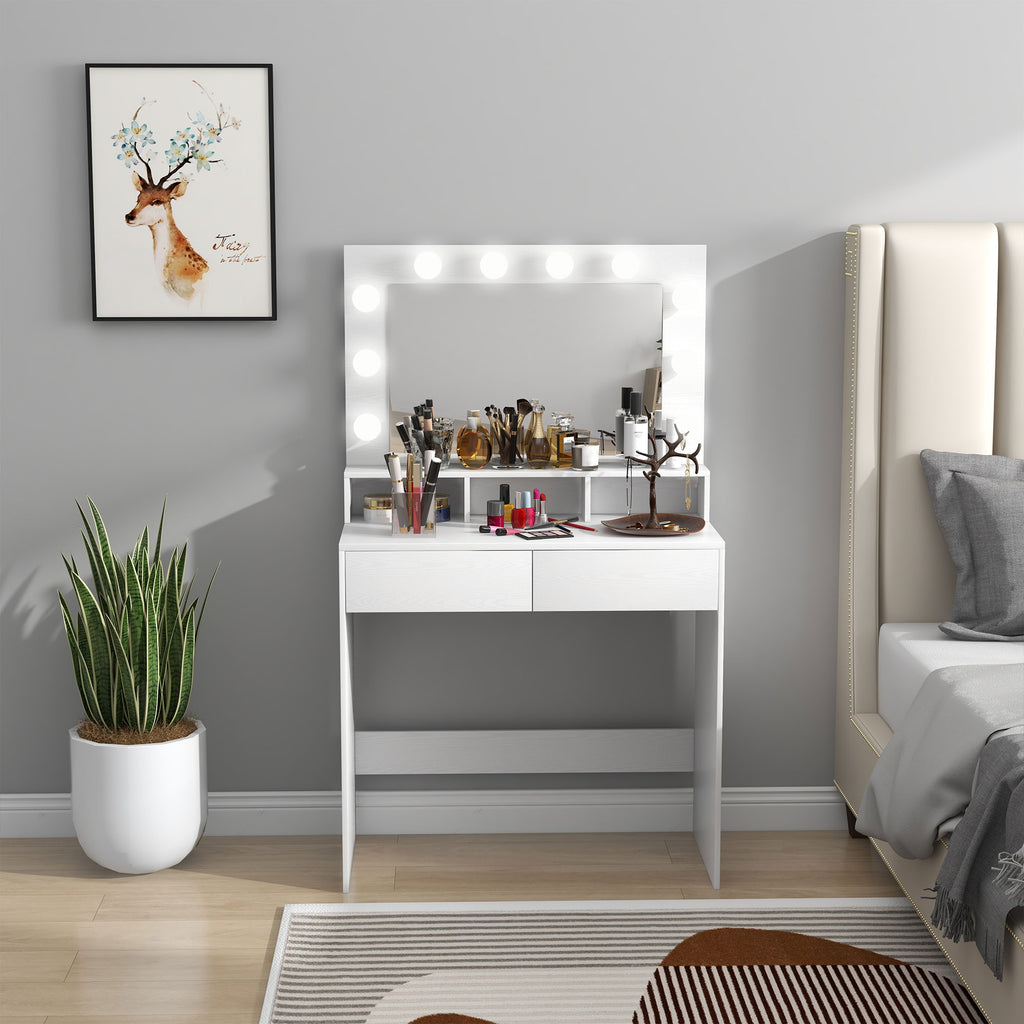 Coiffeuse avec miroir Hollywood, tiroirs, 3 modes d'éclairage, 10 ampoules, 80 x 40 x 135 cm, blanc-1