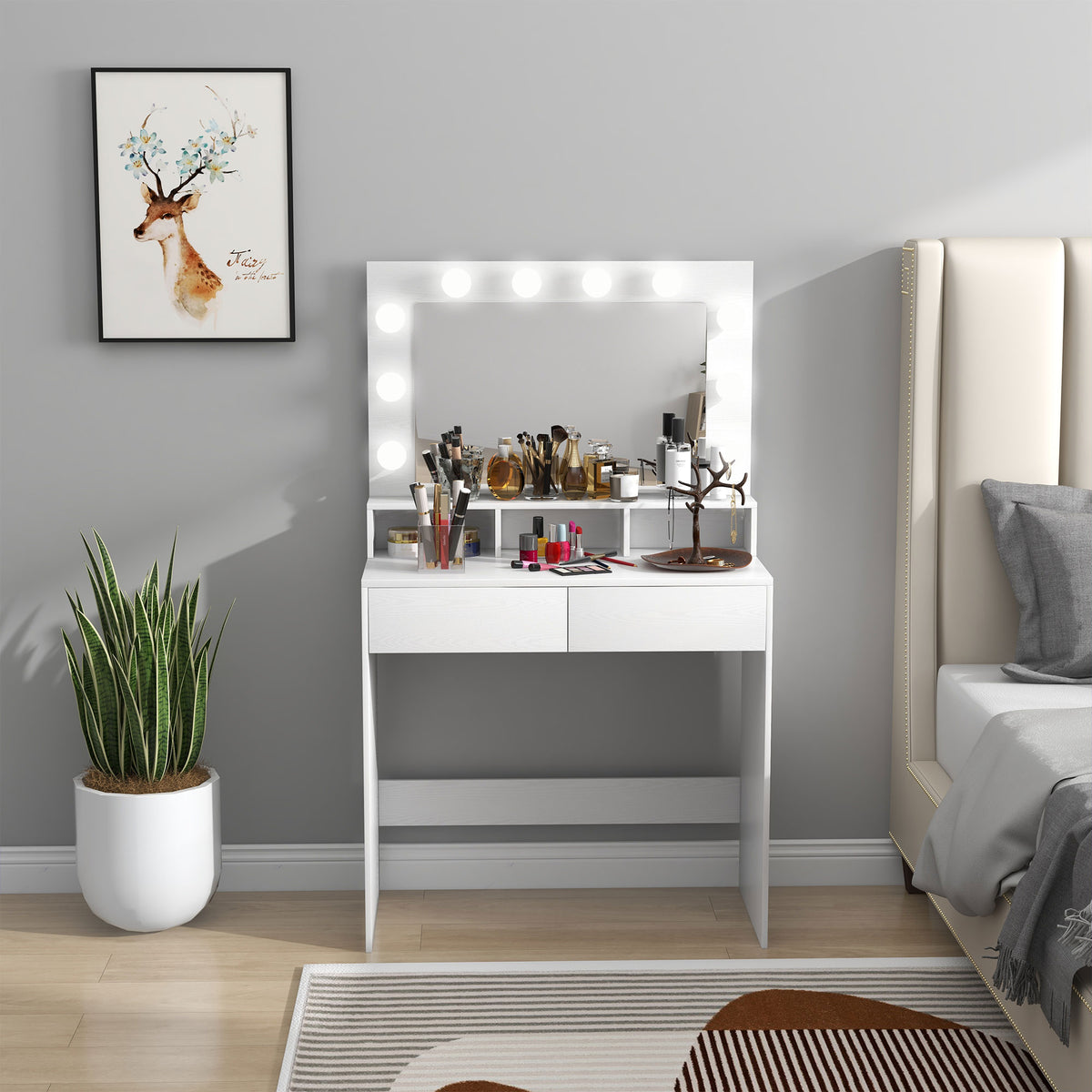 Coiffeuse avec miroir Hollywood, tiroirs, 3 modes d'éclairage, 10 ampoules, 80 x 40 x 135 cm, blanc-1