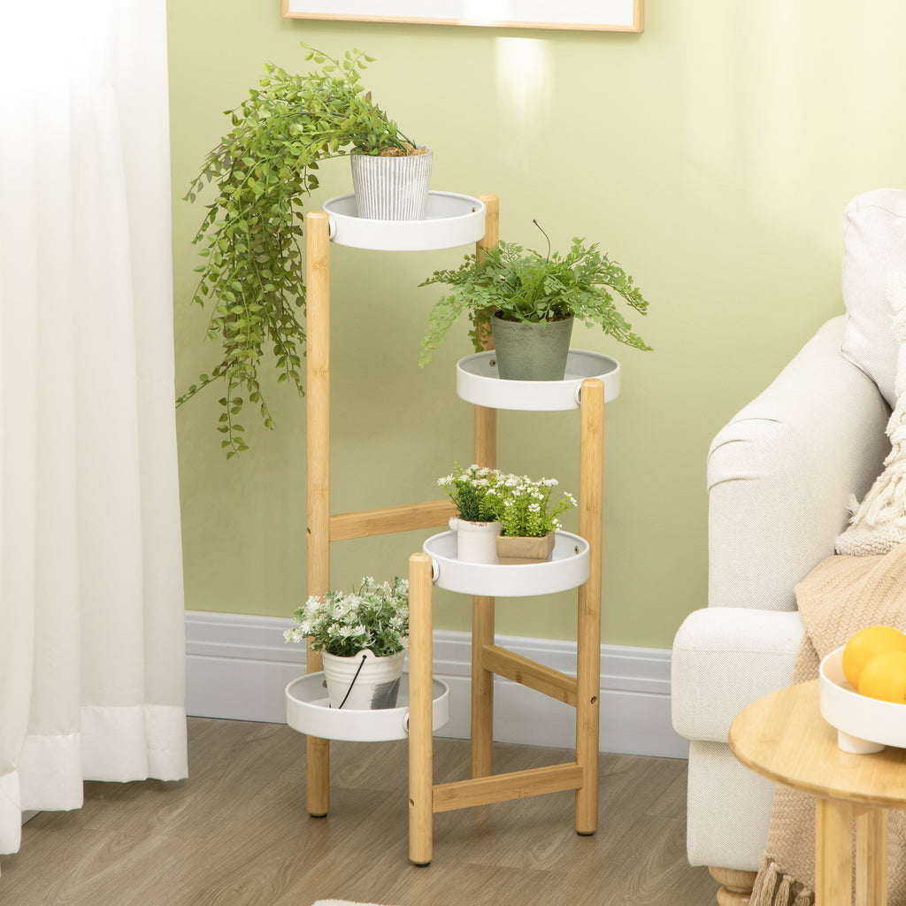 Support pour plantes étagère à fleurs à 4 niveaux en bambou et métal pour extérieur intérieur 28 x 28 x 80 cm blanc-1