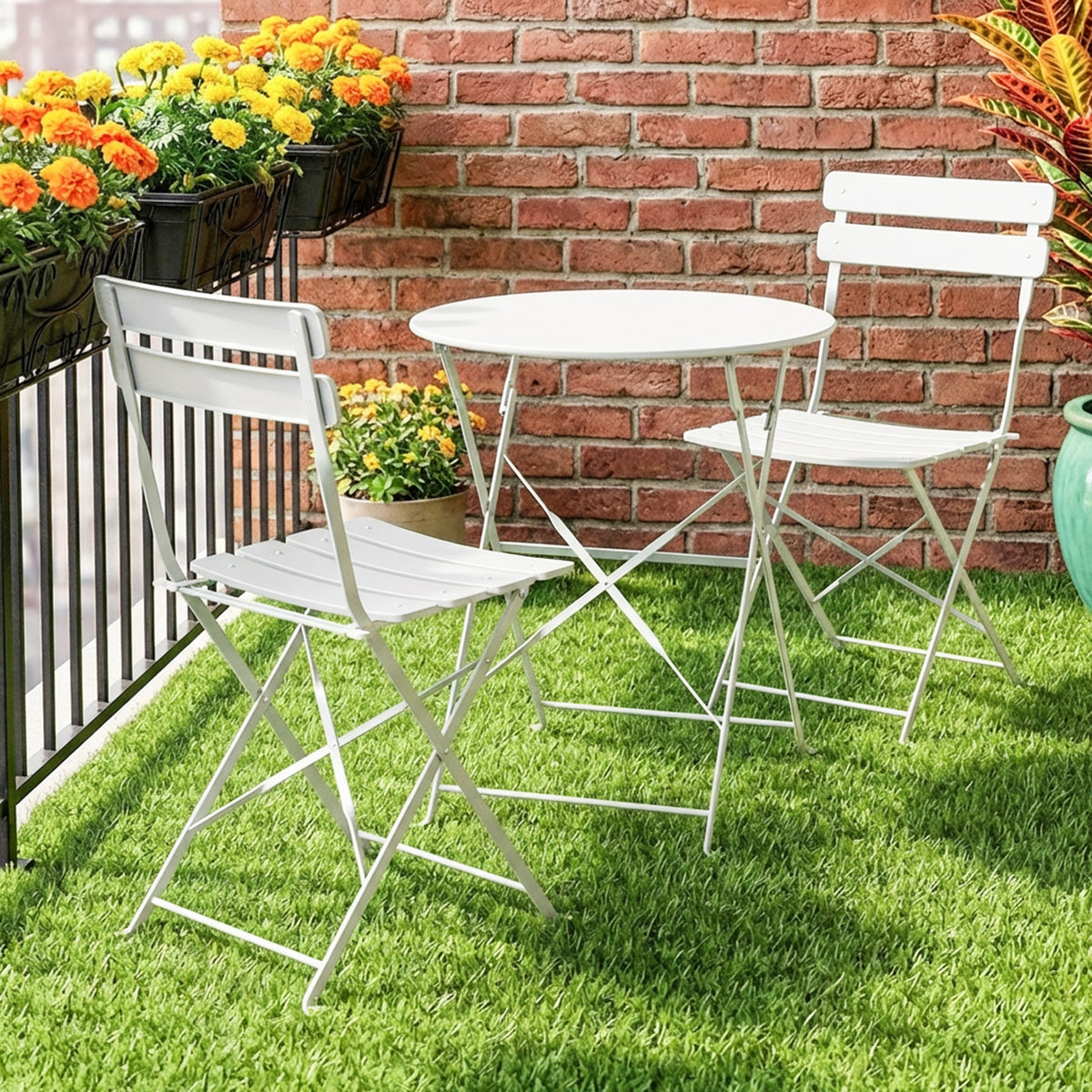 Ensemble Bistrot de Jardin 3 Pièces Table et 2 Chaises Pliantes à Lattes Double Protection Antirouille Crème-1
